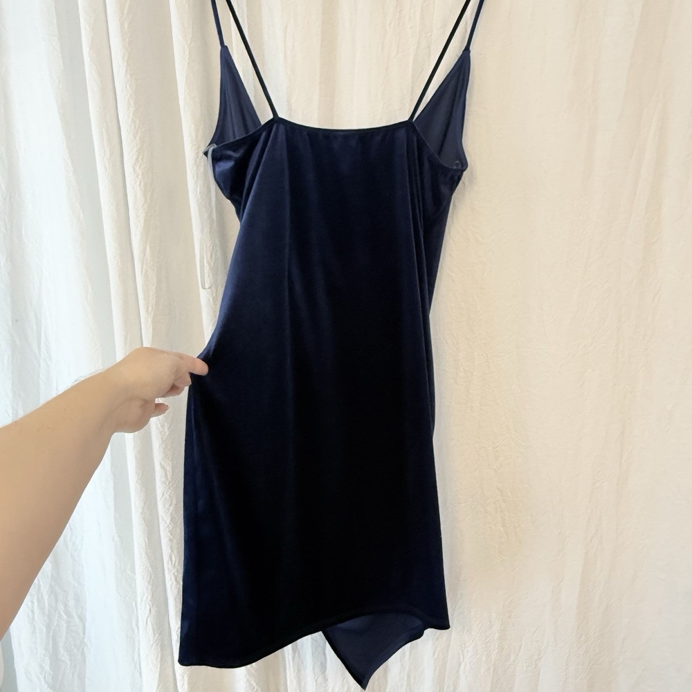 A'Gaci Women's Crushed Blue Velvet Sultry Cocktail Asymmetrical Hem Mini Dress L - Picture 2 of 13